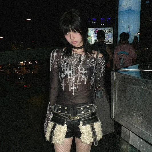 Grunge Aesthetic Mesh Tattoo Print T-Shirt