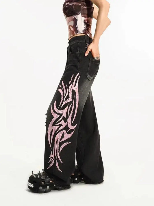 Mottled Totem Print Baggy High Jeans