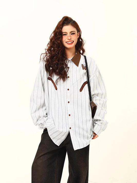 Versatile Korean Striped Retro Long Shirt