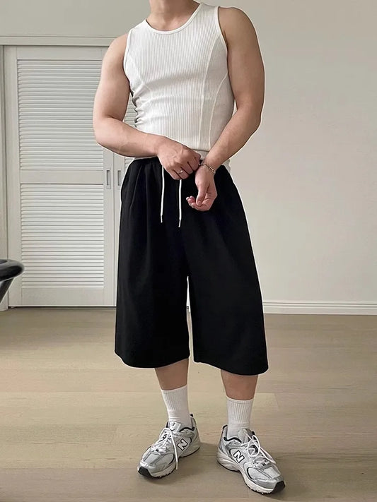 Soft Grey Loose Drawstring Calf-Length Shorts