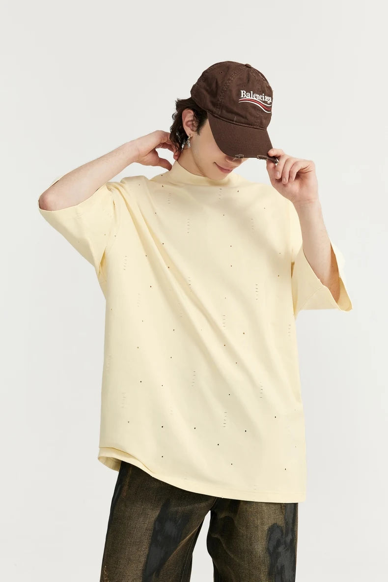 Heavyweight Ripped Mock Neck Cotton T-Shirt
