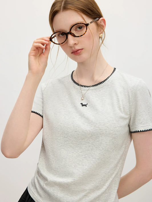 Embroidered Puppy Contrast Color Short T-Shirt