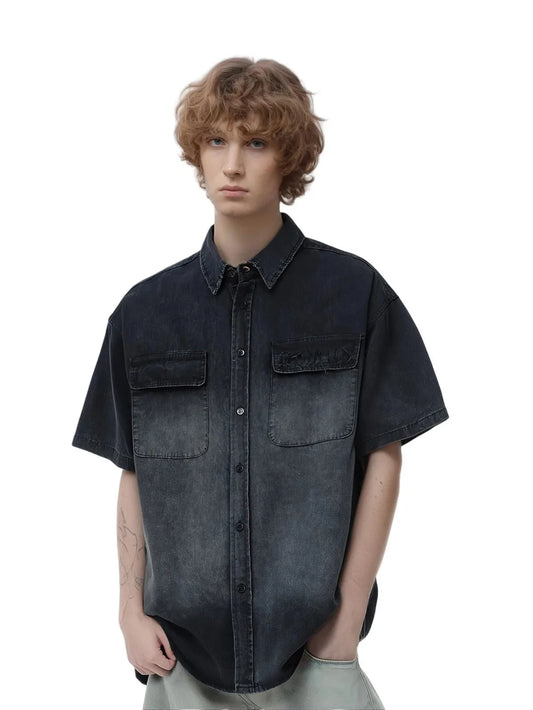 Vintage Distressed Denim Short Sleeve Shirt