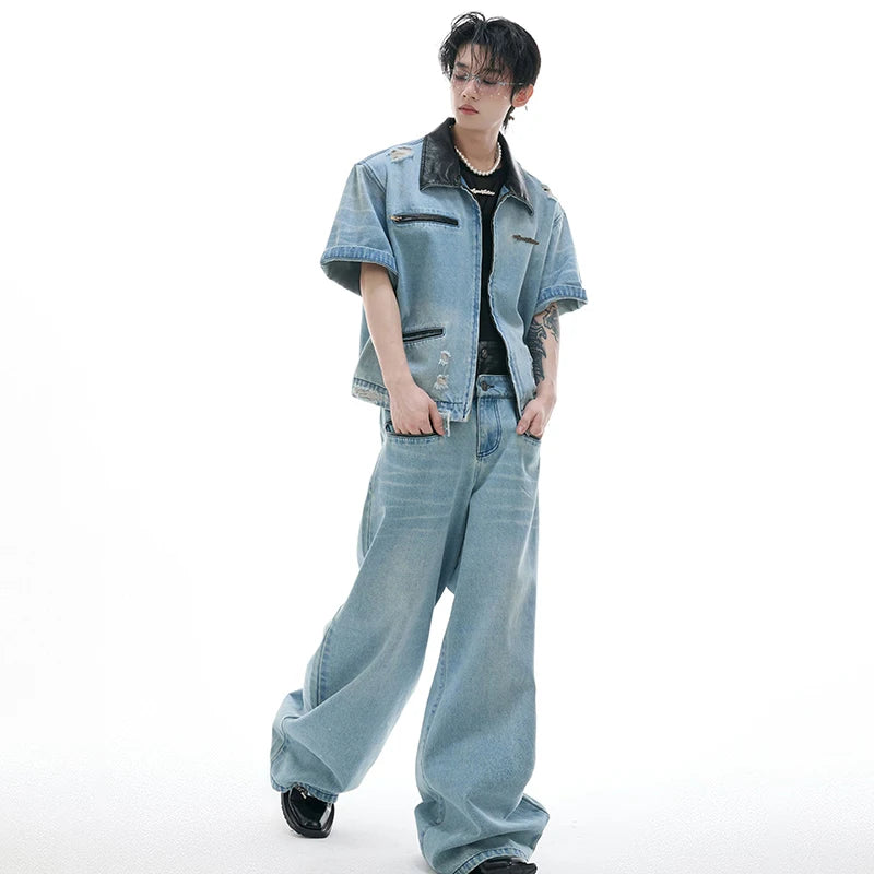 Color Contrast Leather Neck Denim Jeans