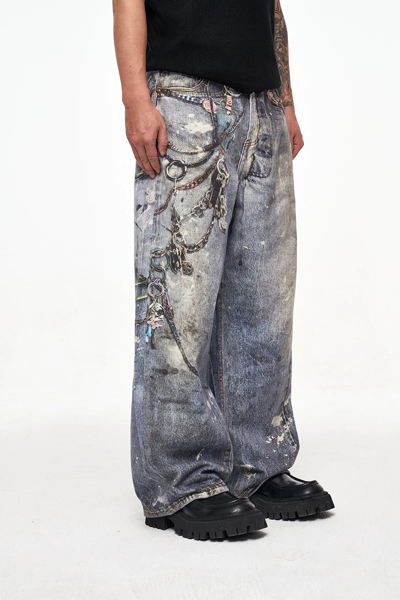 Luxury Loose Washed Digital Graffiti Jeans