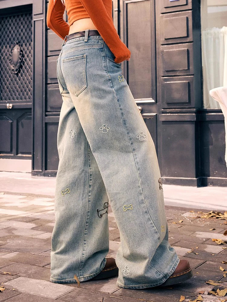 High Waist Embroidered Straight Jeans