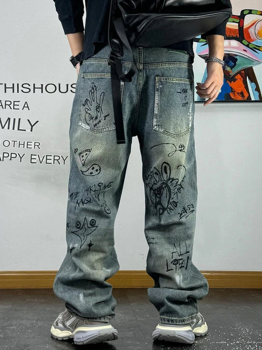 Distressed Creative Graffiti Print Baggy Jeans