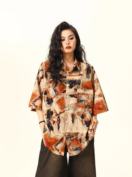 Vintage Oil Painting Print Loose Shirt