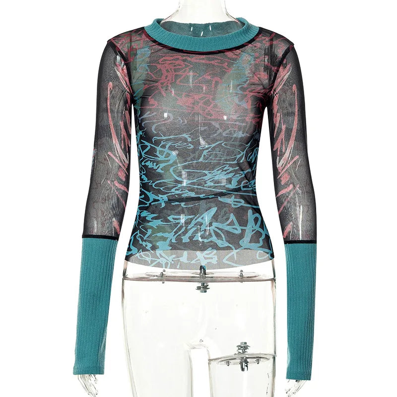 Sheer Mesh Patchwork Long Sleeve T-Shirt