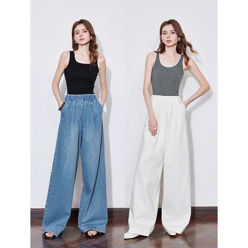 Elastic Waist Wide Leg Denim Jeans