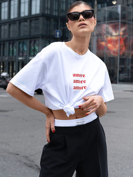 Amore Print Red Oversized Cotton T-Shirt