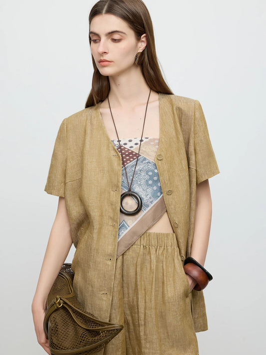 Linen V-Neck Casual Set Shirt