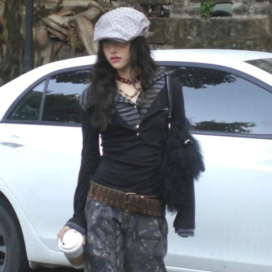 Vintage Patchwork Long Sleeve Hooded T-Shirt