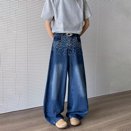 Breathable Loose Embroidered Contrast Color Jeans