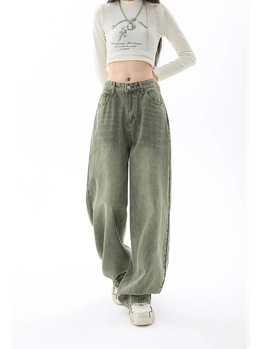 High Waist Green Loose Straight Jeans