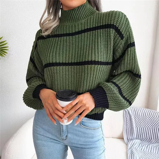 High Collar Pullover Knit Striped Sweater