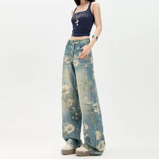 Floral Print High Waist Blue Jeans
