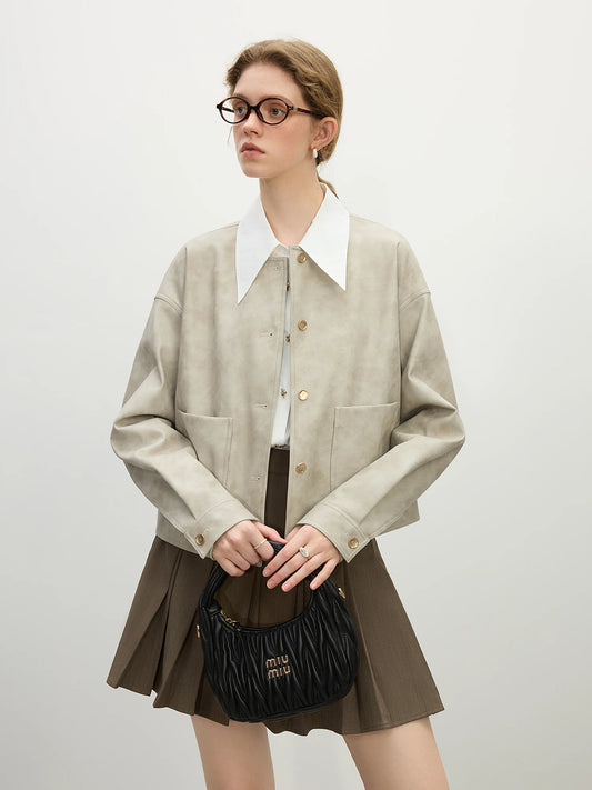 Spring Grey PU Leather Short Coat