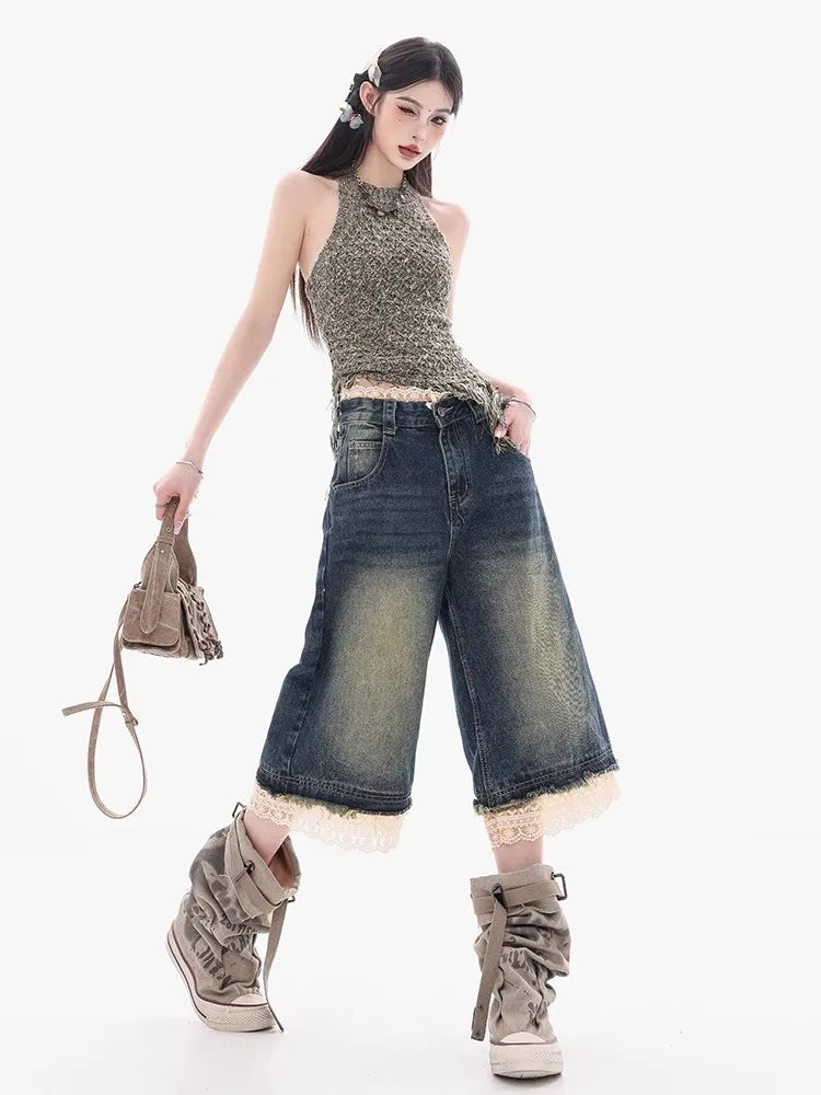 Vintage Lace Patchwork Wide Leg Jeans