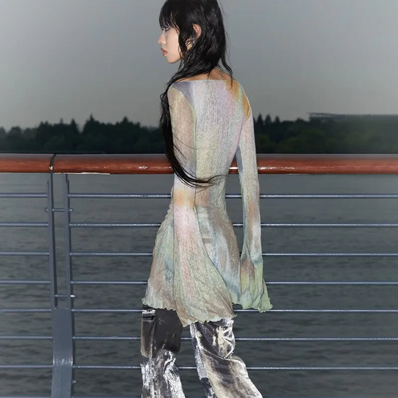 Vintage Flare Sleeve Sheer Mesh T-Shirt