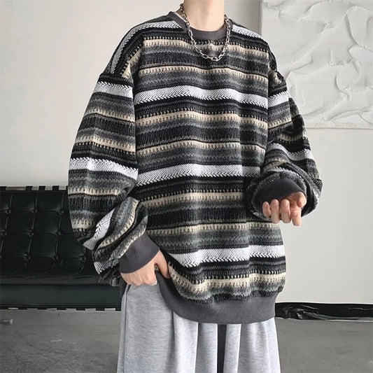 Trendy Retro Striped Loose Pullover Sweatshirt