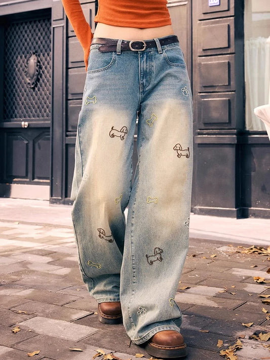 High Waist Embroidered Straight Jeans