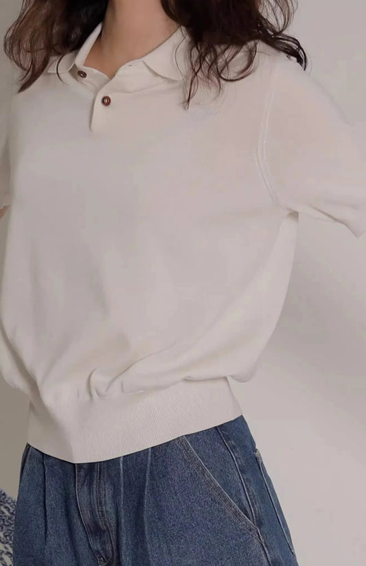 Blue Silk Knitted French Lapel T-Shirt