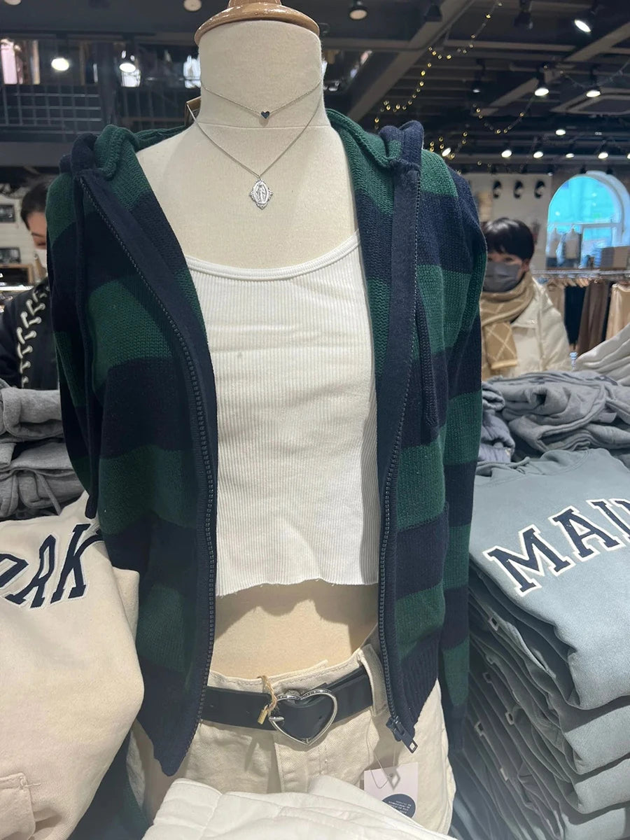 Cozy Striped Knitted Hooded Sweater Cardigan
