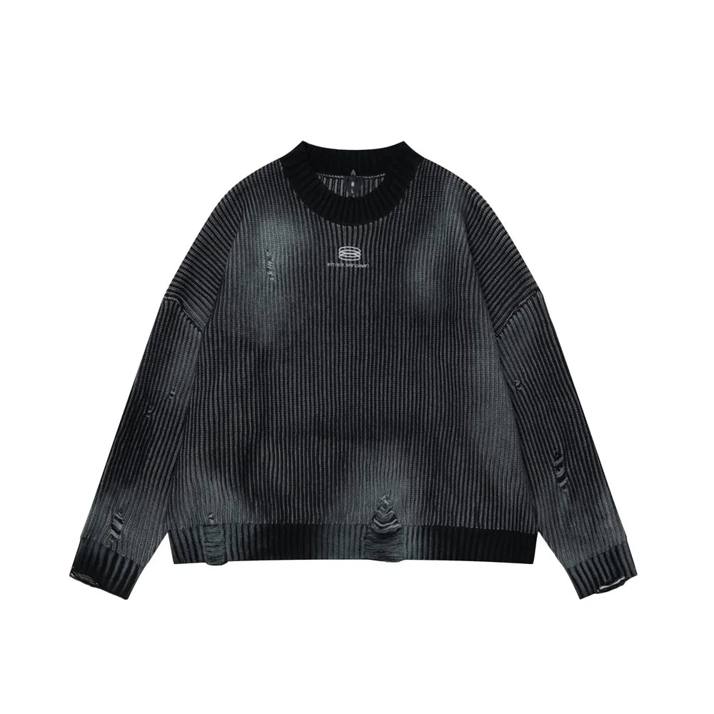 Ripped Embroidery Spray Paint Sweater Pullover
