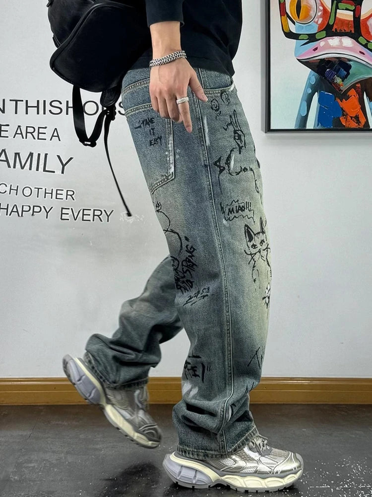 Distressed Creative Graffiti Print Baggy Jeans
