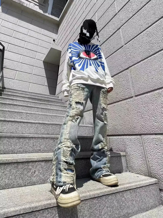 Distressed Ripped Cargo Flare Jeans