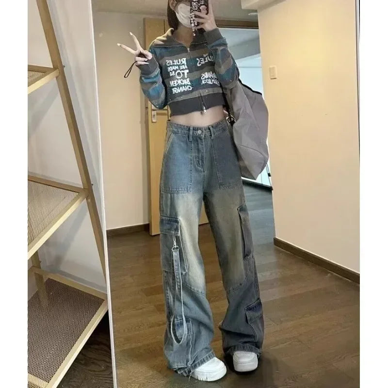High Waist Spliced Denim Cargo Jeans