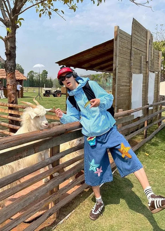 Creative Star Embroidery Loose Wide Shorts