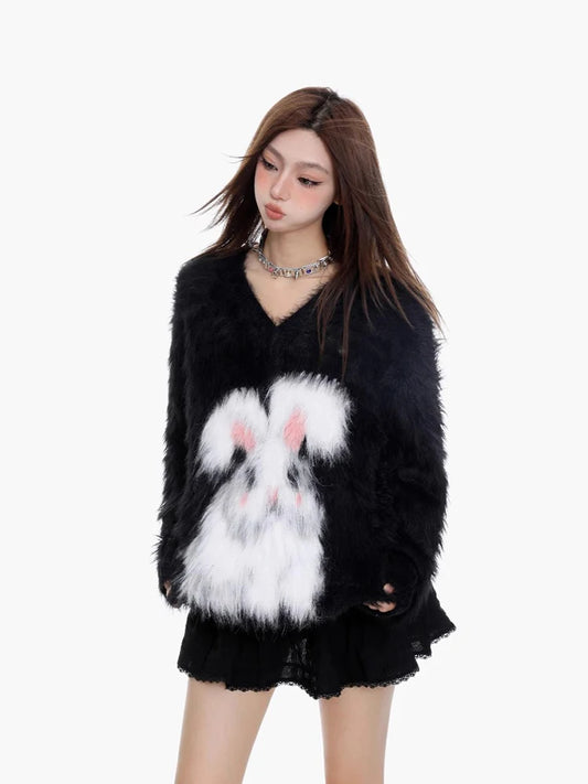 Cozy Black Mohair Knit V-Neck Sweater