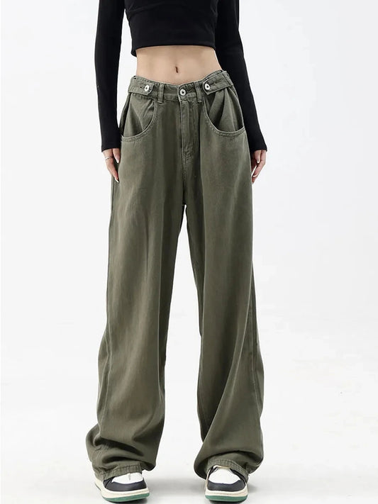 High Waist American Green Wide Jeans
