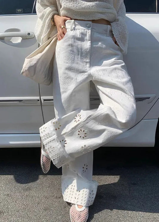 Vintage Floral Embroidered Hollow Straight Jeans