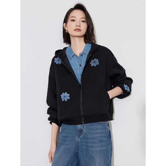 Floral Embroidery Casual Zipper Cardigan Sweater