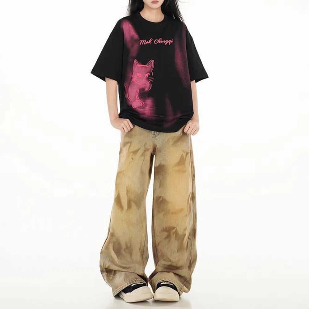 Vintage Graphic Kitten Print Short T-Shirt