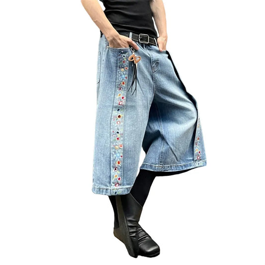 Vintage Floral Denim Shorts Wide Jeans
