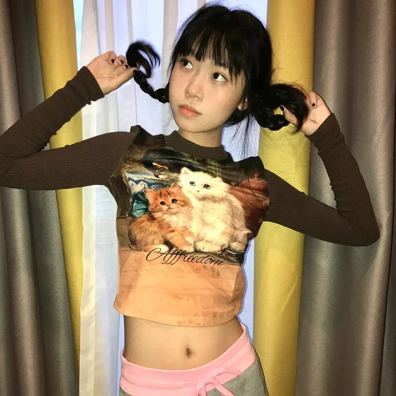 Japanese Y2K Cat Print Crop T-Shirt