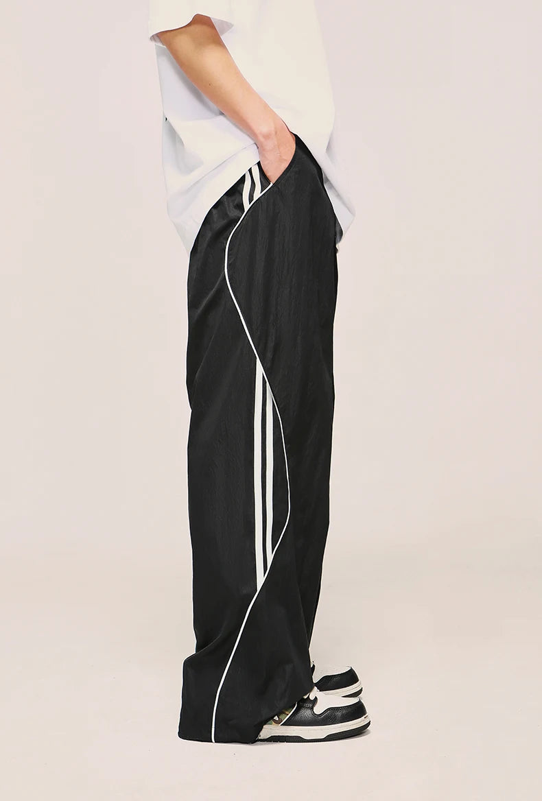 Black Striped Wide Leg Drawstring Pants