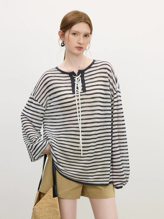 Elegant French Holiday Striped Long-Sleeved T-Shirt