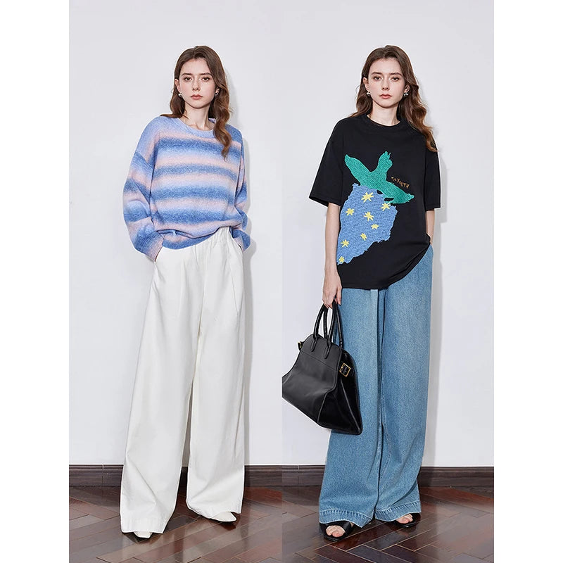 Elastic Waist Wide Leg Denim Jeans