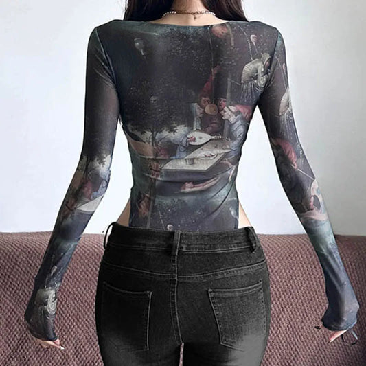 Dark Retro Mesh Long Sleeve Bodysuit