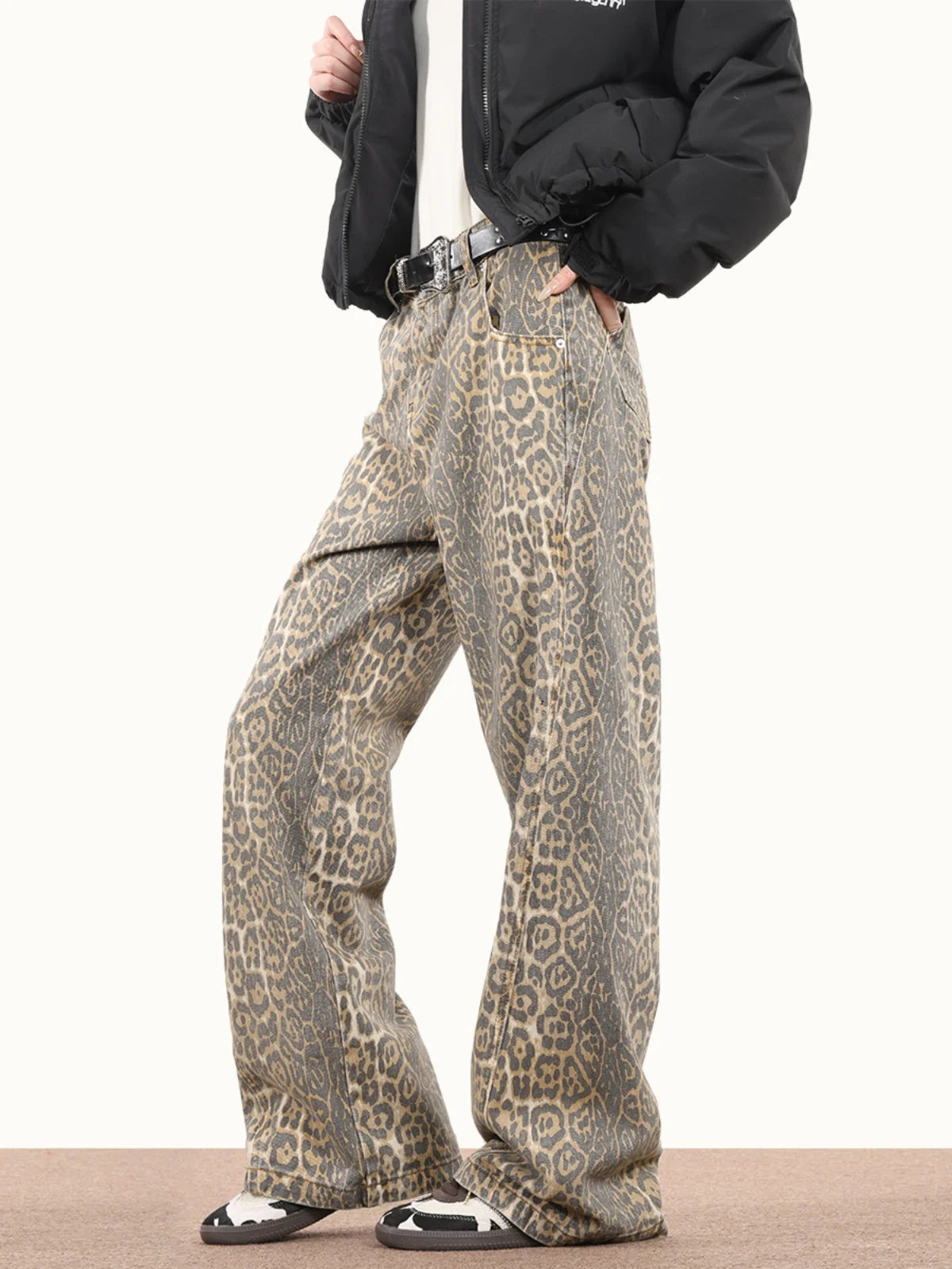 Leopard Wash High Waist Straight Jeans