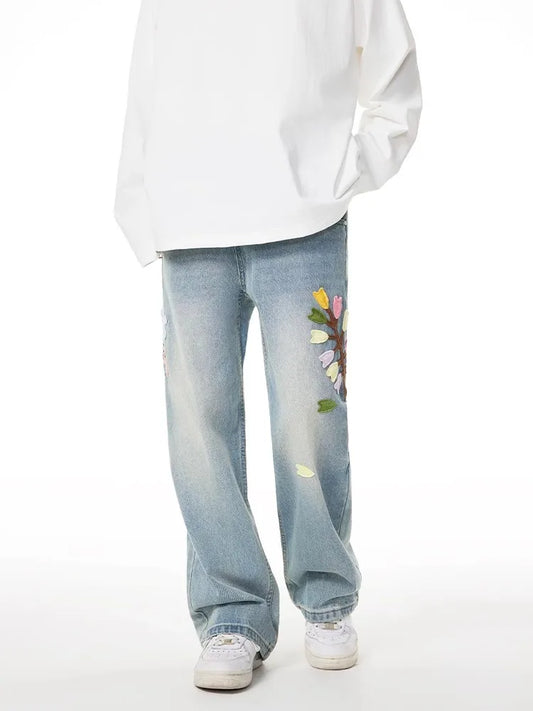 Blue Vintage Floral Embroidery High Jeans