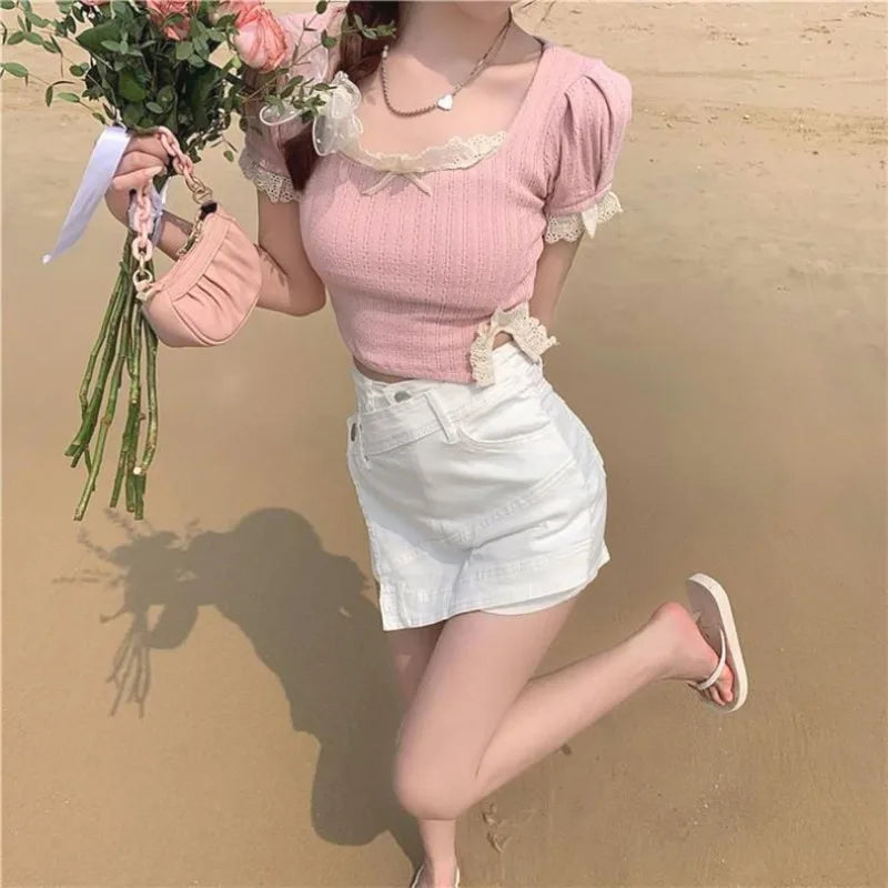 Spicy Girl Square Neck Lace Shirt