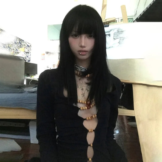 Vintage Beaded Hollow Out Long T-Shirt