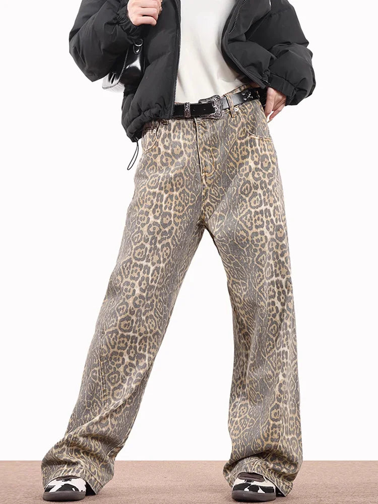 Leopard Wash High Waist Straight Jeans