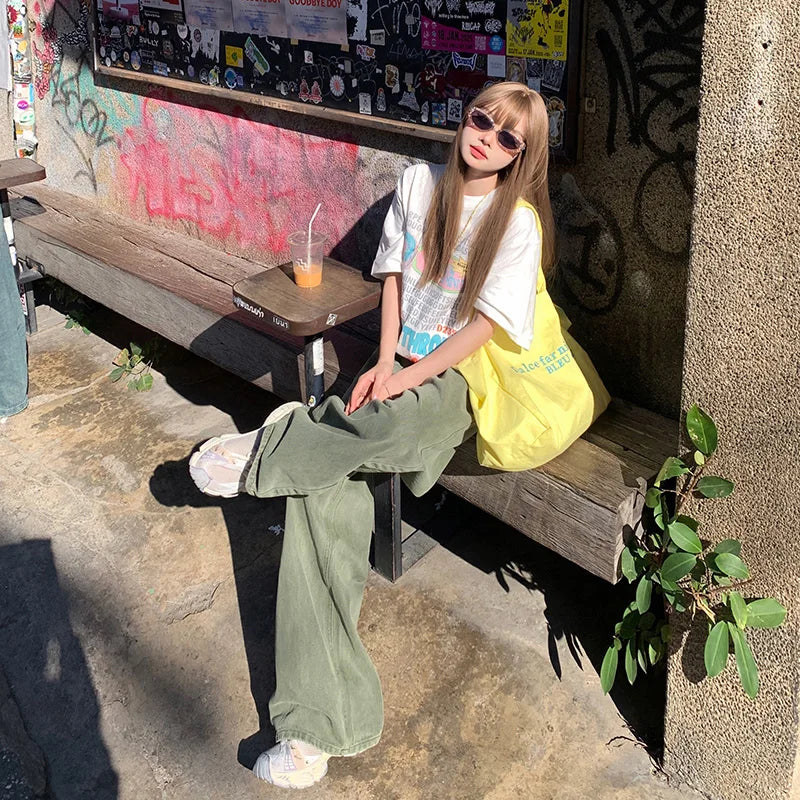 High Waist Loose Fit Green Jeans
